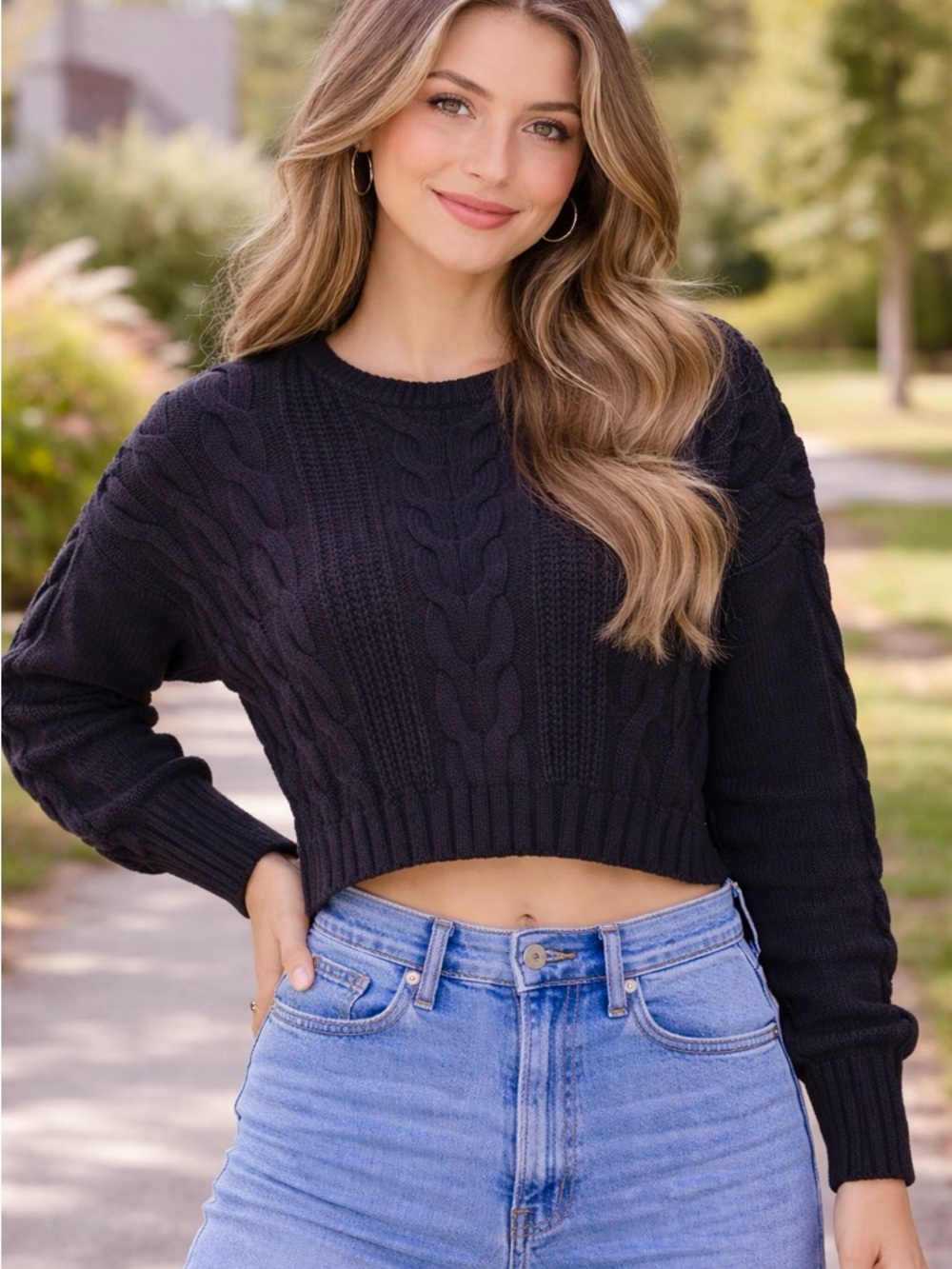 STR Navy Blue Cable Knit Cropped Sweater Drop Shoulder